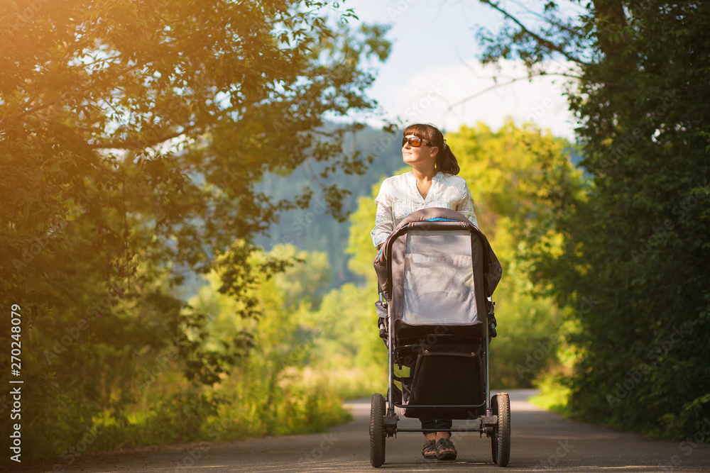 A young mother and a child in a stroller are walking in the park. Walking with the family in nature, in the fresh air A young mother and a child in a stroller are walking in the park. Walking with the family in nature, in the fresh air