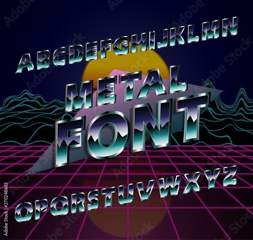 Retro Font. Retro futuristic set of fonts 1980s style. Retro Wave music script template with shiny colors  lazers. Can be used on flyers  banners  web  or any projects. Vector illustration  EPS 10.