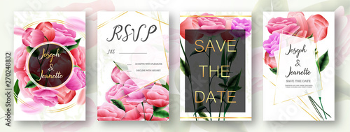 Invite Template Wedding Cards. RSVP, Save The Date, Retro Beautiful White Pink Design With Flovers Roses Tulips, Green Leaf. Modern VIP style. Vector Illustration. EPS 10.