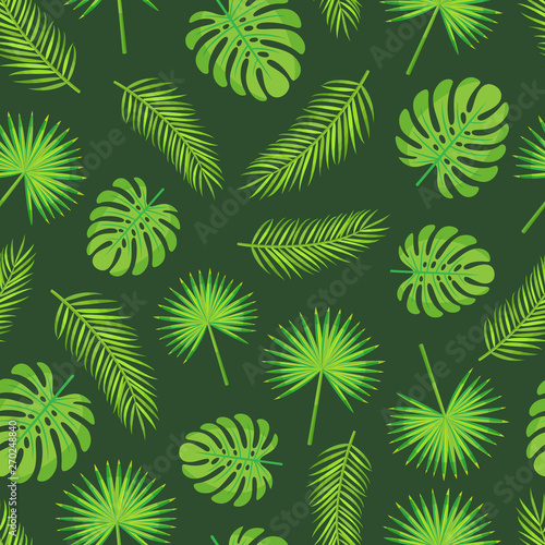 Seamless pattern vector, monstera leaves and palm tree branches. Tropics foliage and frontage, exotic decoration on green background, jungle flora