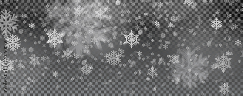 Christmas card with snow flake isolated on transparent background. Falling snowflakes translucent christmas. Vector illustration. Merry Christmas, New Year design. EPS 10.