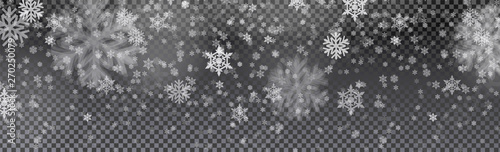 Christmas card with snow flake isolated on transparent background. Falling snowflakes translucent christmas. Vector illustration. Merry Christmas, New Year design. EPS 10.