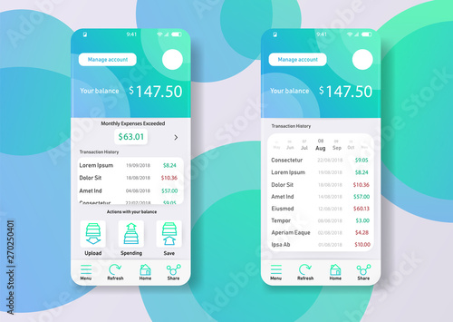 Smartphone widjet mobile app user interface desing finance money planning app. UI, UX, GUI web style, minimalistic flat gradient halftone desing. Vector illustration. Eps 10. Vector.