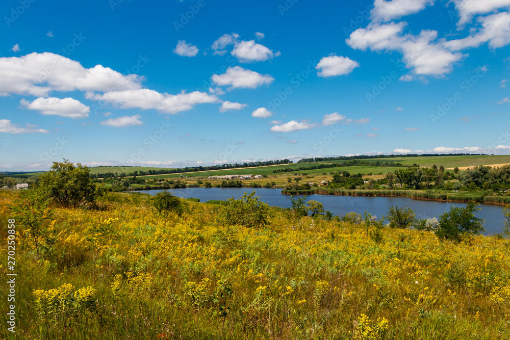 Fototapeta premium Summer landscape with beautiful lake, green meadows, hills, trees and blue sky