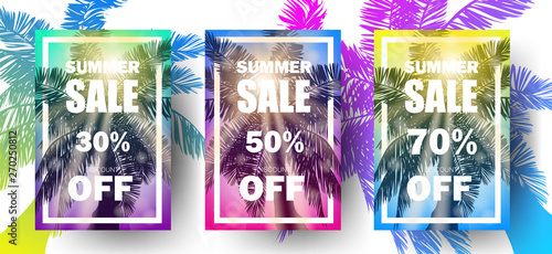 Summer sale 30% 50% 70% off discount flyer design with realistic sun shining black shiolette of palm. Summer style Can be used ad flyers banners card brochure postcrd web. Vector illustration. EPS 10. photo