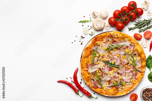 Pizza With Ham And Rocket Salad On White Background With Ingredients Around