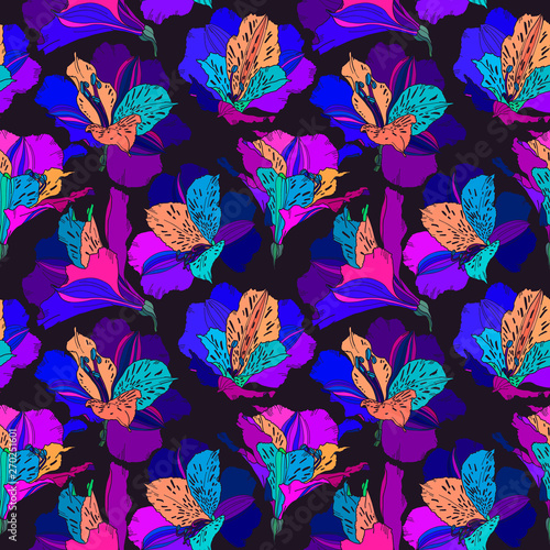 Vector seamless pattern with hand drawn plants. Summer botanical background. Alstroemeria hand drawn bright multi color flowers with leaves repeatable wallpaper.