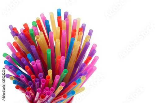 Top view of Straw plastic straw drink straws. on white with copy space.