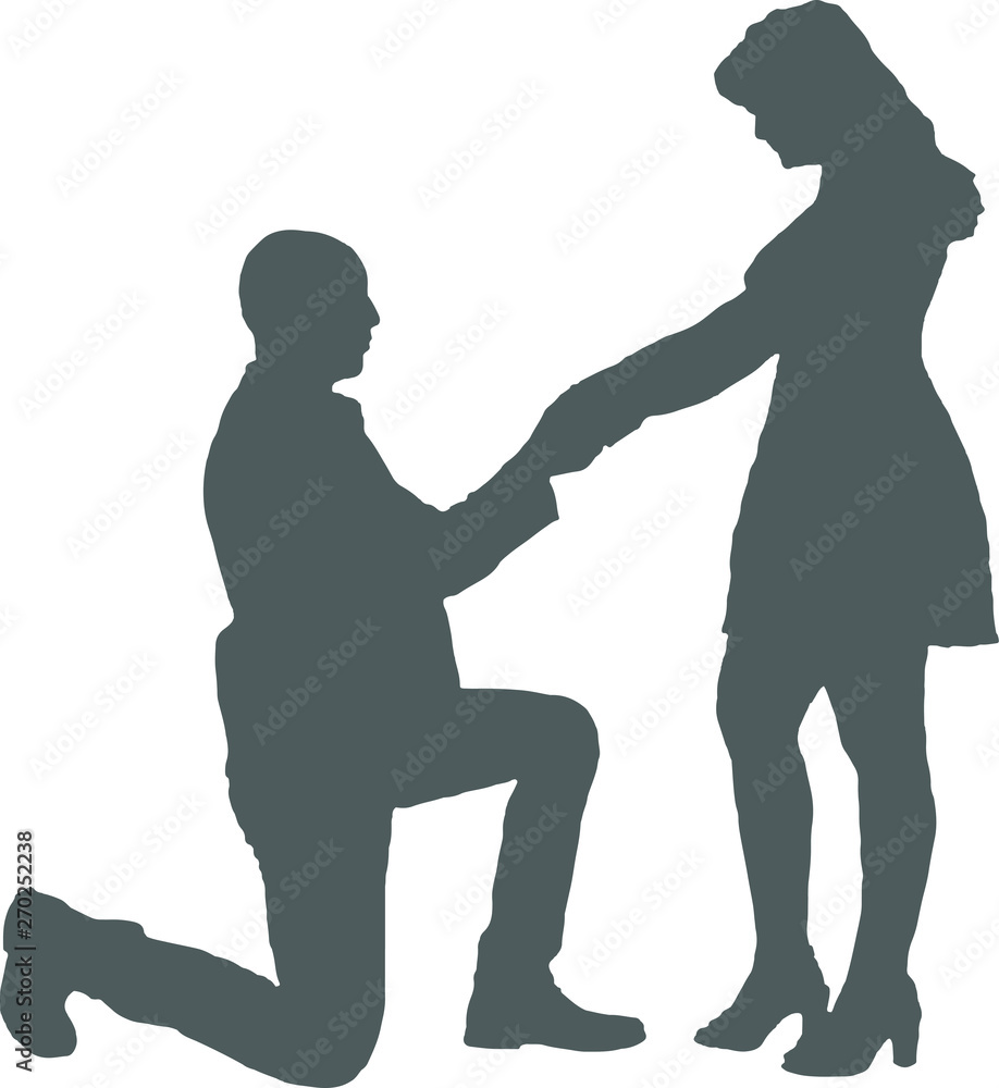 The silhouette of lovers - a bald man is on one knee, making an offer to a woman. The girl stands in front of her boyfriend and they hold hands. A girl in a dress, a man in a suit.