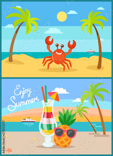 Beach summer vacation or holiday, tropical seaside shore vector. Crab on sand under palms, cocktail with straw and pineapple in sunglasses, yacht in sea