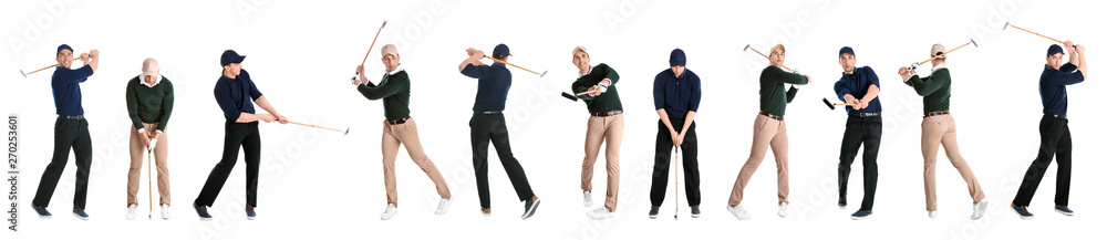 Collage of man playing golf on white background