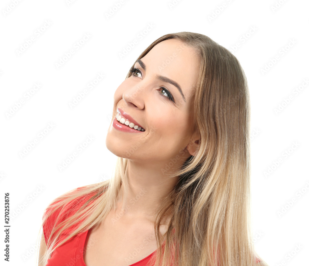 Beautiful smiling woman posing against white background Beautiful smiling woman posing against white background