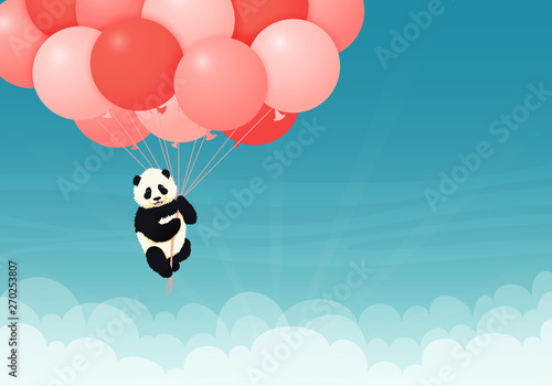 Baby giant panda flying red and pink balloons in the sky with clouds. Black and white chinese bear cub. Rare, vulnerable species. Greeting card, poster, background design template.