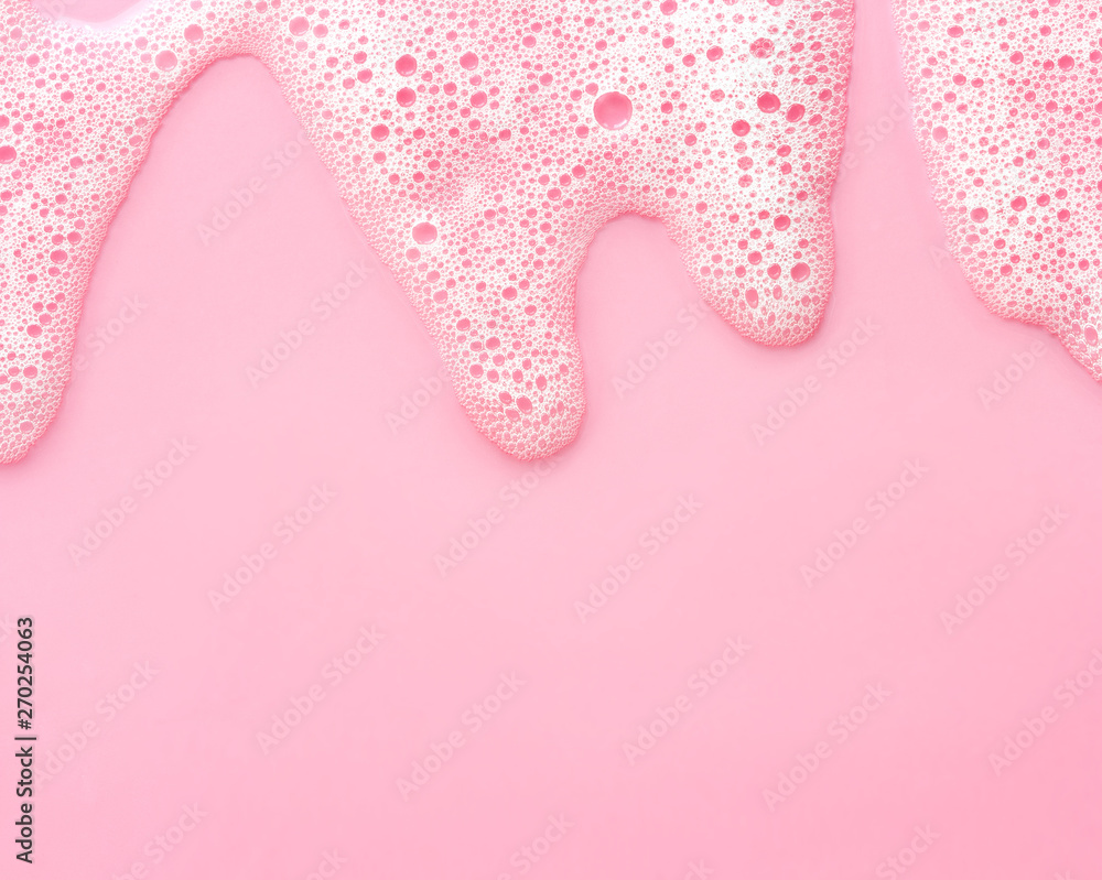 soap foam on delicate pink background with copy space - obrazy, fototapety, plakaty 