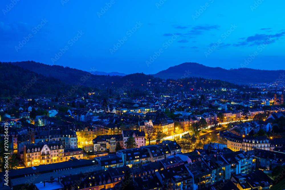 Germany, Houses of city freiburg im breisgau in black forest nature landscape in magic atmosphere