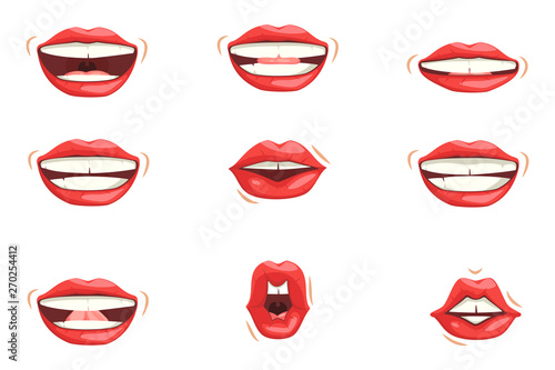 Set of red female lips. Various expressions of emotions, a collection of gestures. Female lips express different emotions.