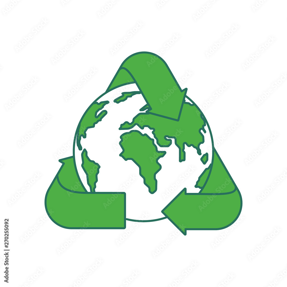 Green planet Earth and a recycling sign on a white background. Environmental concept. Vector illustration. Green planet Earth and a recycling sign on a white background. Environmental concept. Vector illustration.