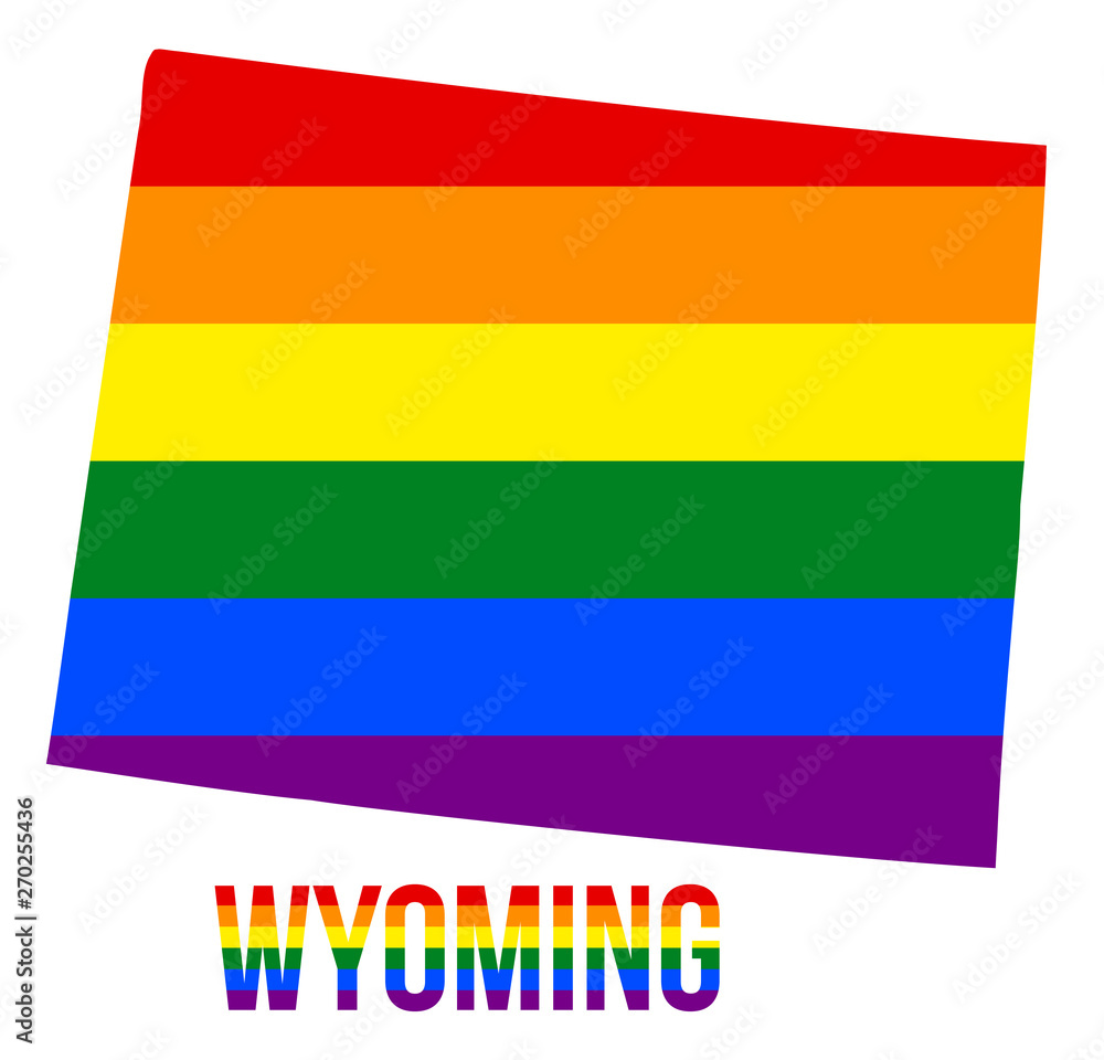 Obraz premium Wyoming State Map in LGBT Rainbow Flag Comprised Six Stripes With Wyoming LGBT Text