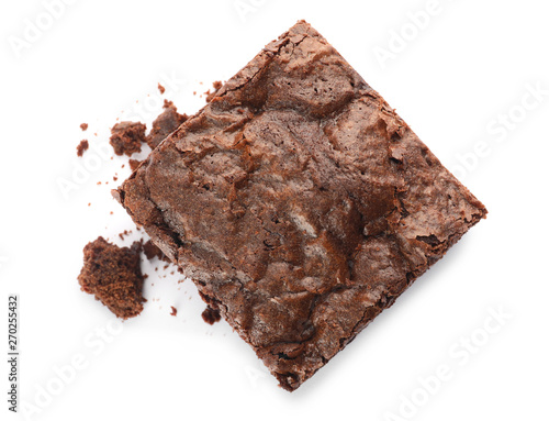 Fényképezés Piece of fresh brownie on white background, top view