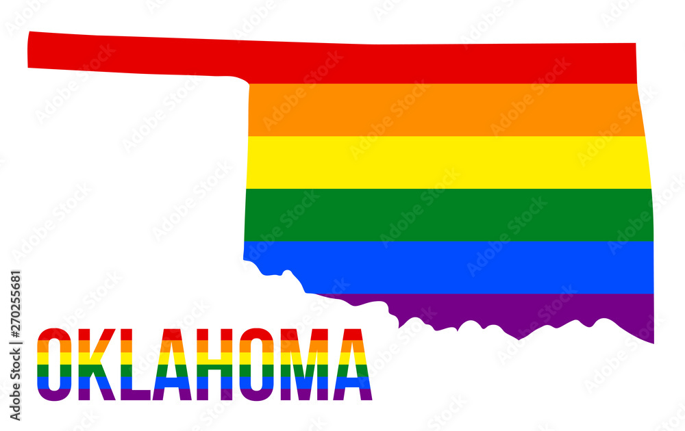 Obraz premium Oklahoma State Map in LGBT Rainbow Flag Comprised Six Stripes With Oklahoma LGBT Text