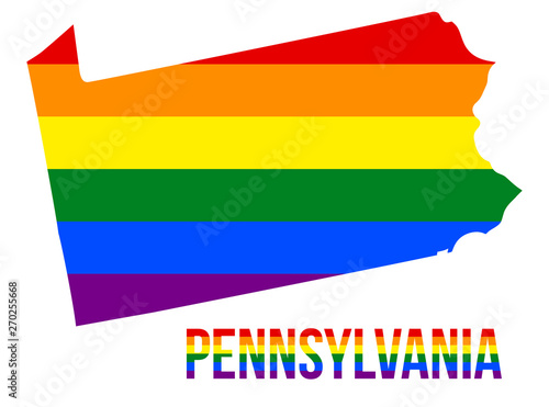 Pennsylvania State Map in LGBT Rainbow Flag Comprised Six Stripes With Pennsylvania LGBT Text