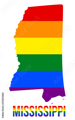 Mississippi State Map in LGBT Rainbow Flag Comprised Six Stripes With Mississippi LGBT Text