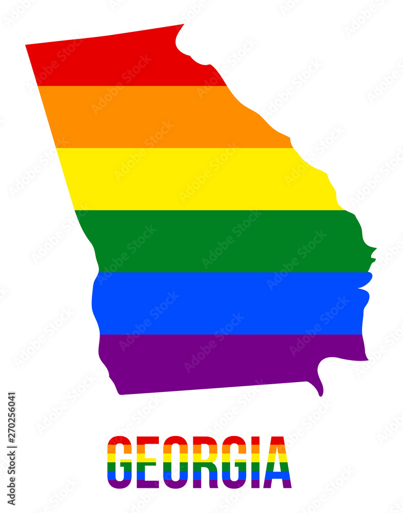 Obraz premium Georgia State Map in LGBT Rainbow Flag Comprised Six Stripes With Georgia LGBT Text