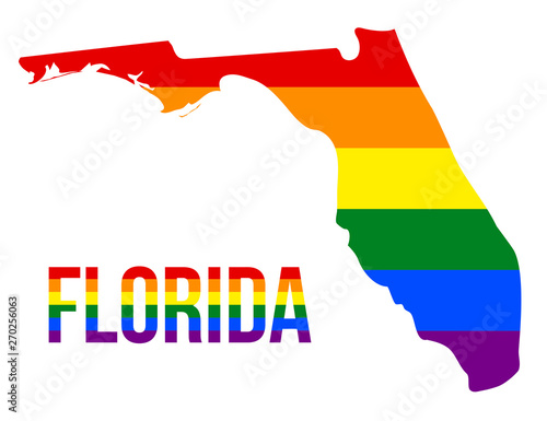 Florida State Map in LGBT Rainbow Flag Comprised Six Stripes With Florida LGBT Text