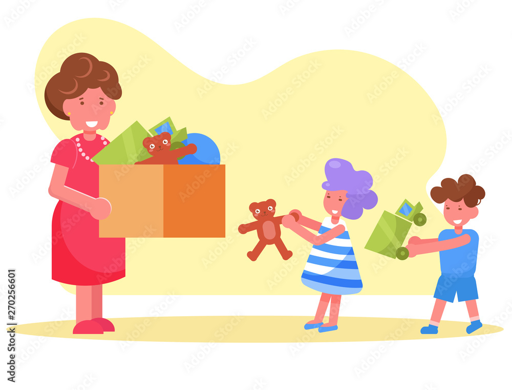 Charity Woman donates toys to children from the shelter Charity Woman donates toys to children from the shelter