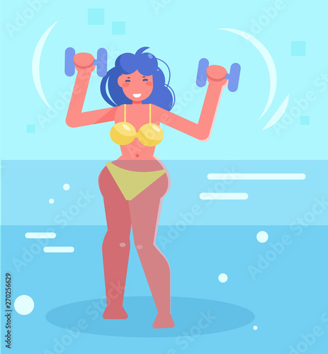 Water aerobics, gymnastics, classes with dumbbells. Vector. Cartoon. Isolated art
