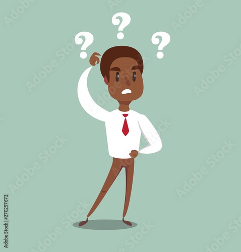 Vector illustration of a clueless cartoon black african american businessman with three question marks above his head.