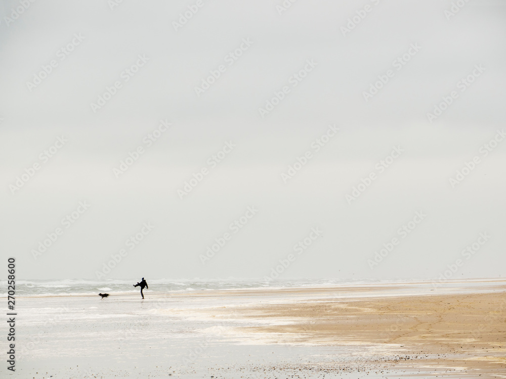 Mann Spielt mit seinem Hund am Meer