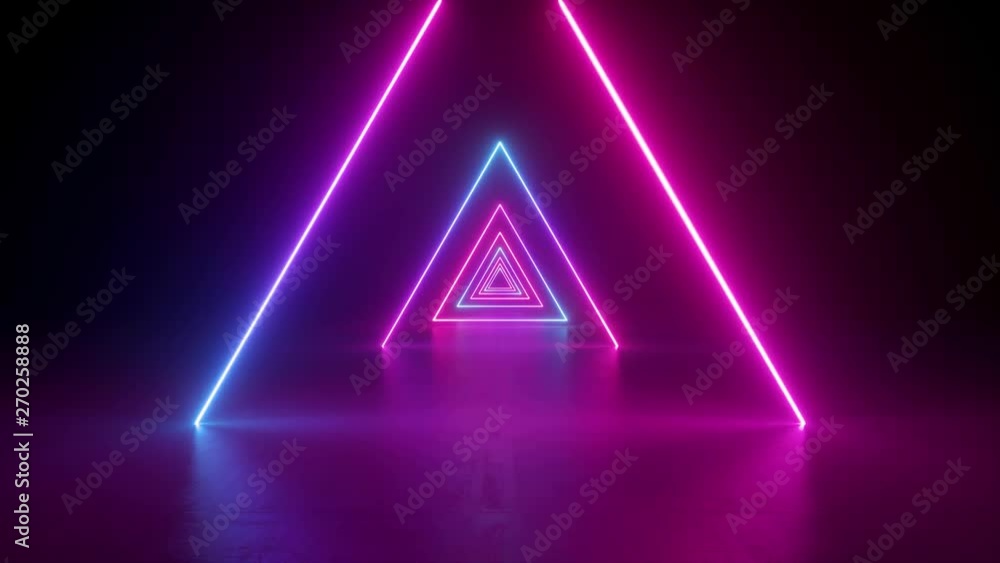 abstract neon background, flying forward through triangular corridor, tunnel, appearing glowing pink blue shapes, ultraviolet spectrum