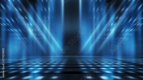 Background of empty stage show. Neon light and laser show. Laser futuristic shapes on a dark background. Abstract dark background with neon glow