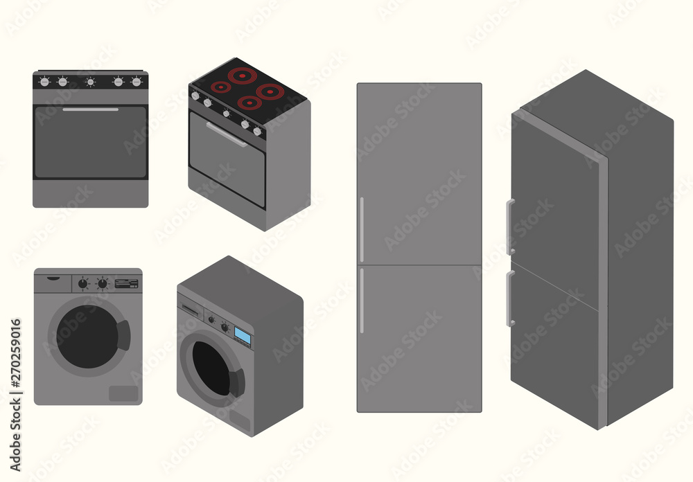 Cartoon picture with two different electric kitchen stove, oven, fridge, refrigerator, freezer, cooler, icebox, washing machine, washer, laundry machine. Isometric style vector illustration. Cartoon picture with two different electric kitchen stove, oven, fridge, refrigerator, freezer, cooler, icebox, washing machine, washer, laundry machine. Isometric style vector illustration.