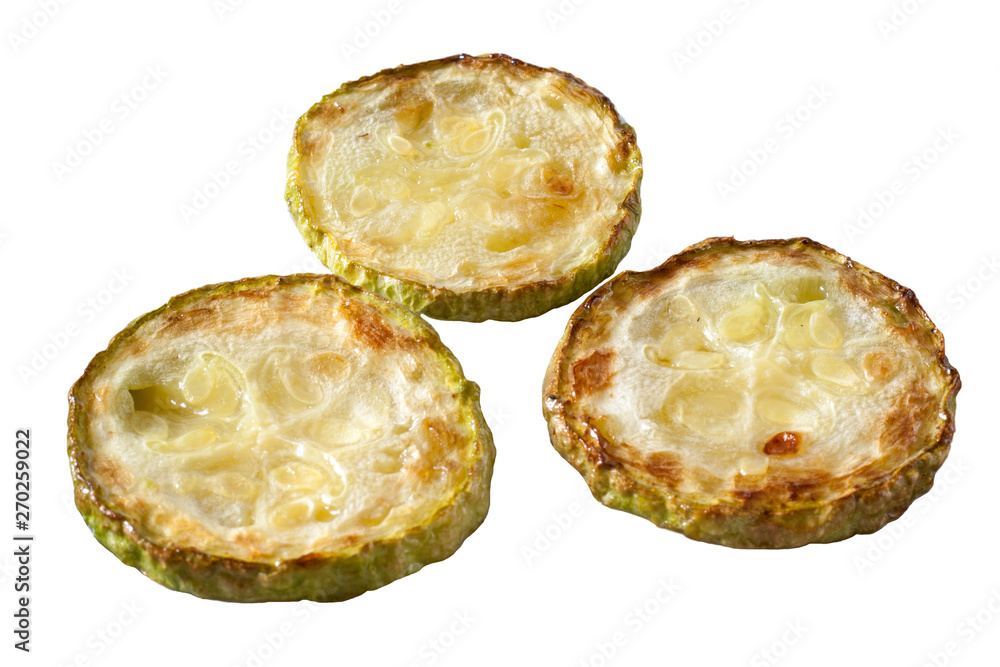 Fried several zucchini on a white background close-up. Fried several zucchini on a white background close-up.