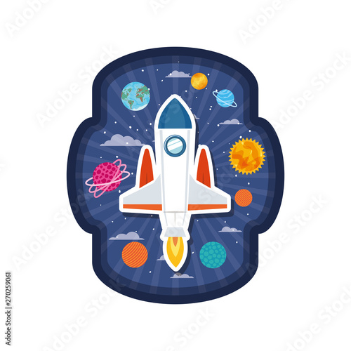 frame with rocket flying and planets of the solar system