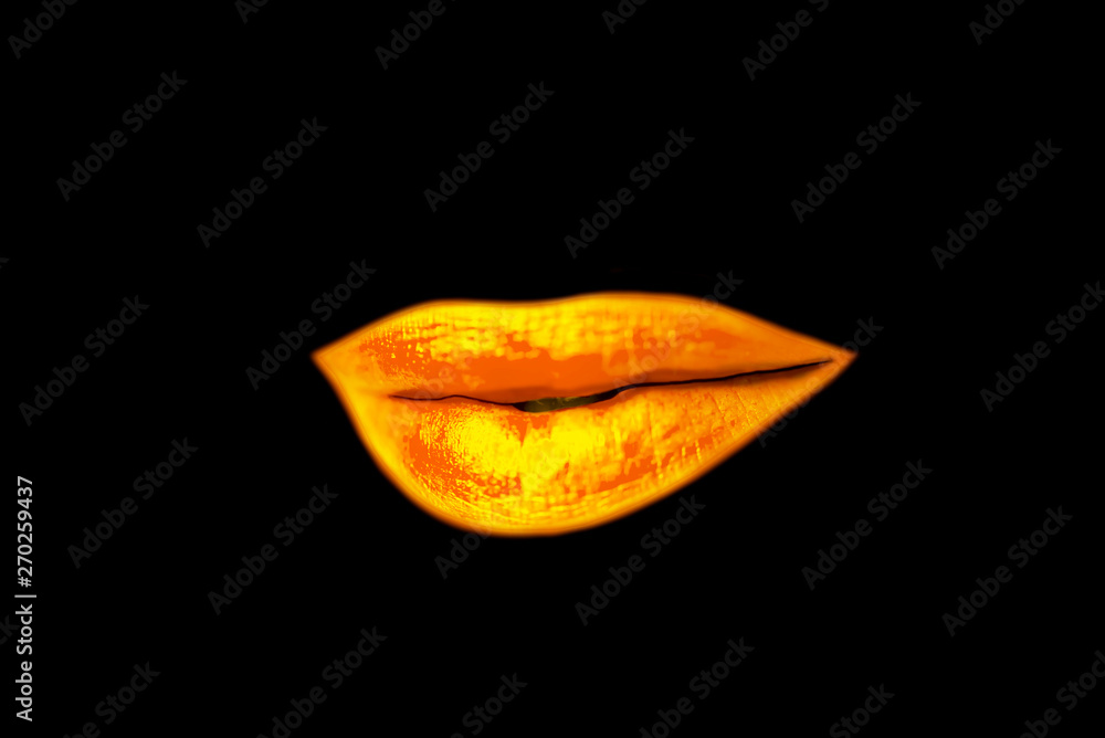 Naklejka premium beautiful golden lips love on a black background, abstraction