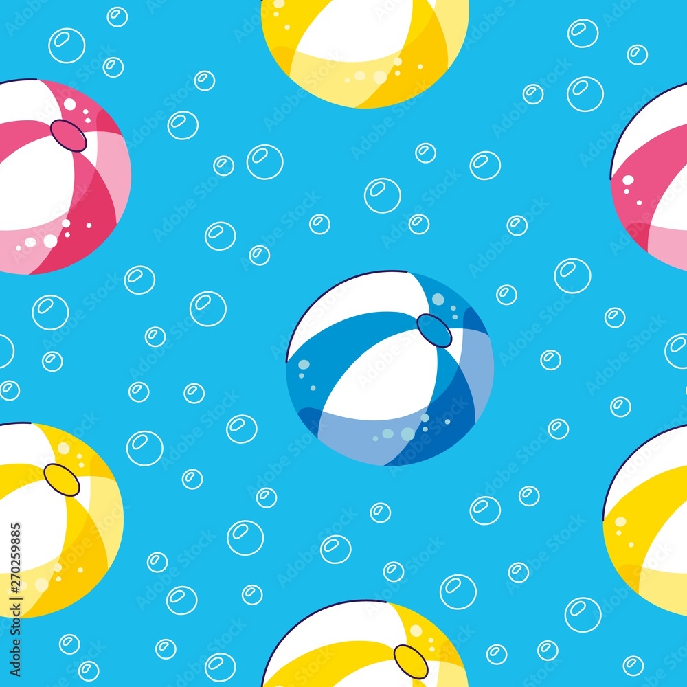 Fototapeta premium Colorful seamless summer pattern with hand drawn beach elements. Summer pool floating with balls. Seamless pattern. Vector illustration.