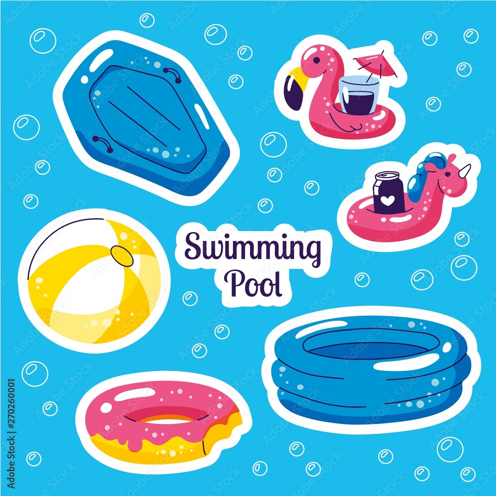 Inflatable swimming float stiskers. Cute water toys flamingo, ball, unicorn  floats. Beach party vector summer stickers. Pool, sea and beach summer  activities concept vector illustrations Stock Vector | Adobe Stock