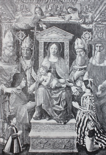 Madonna on the throne, the fathers of church by Leonardo da Vinci in the vintage book Leonardo da Vinci by A.L. Volynskiy, St. Petersburg, 1899