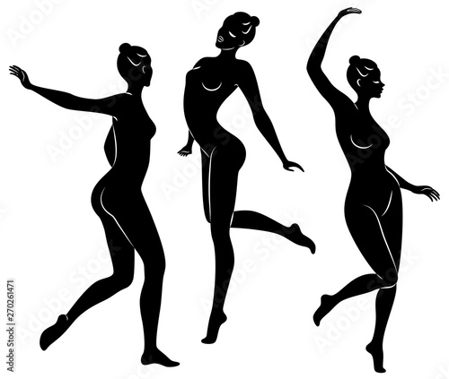 Collection. Silhouette of slender lady. Girl gymnast. The woman is flexible and graceful. She is jumping. Graphic image. Vector illustration set.