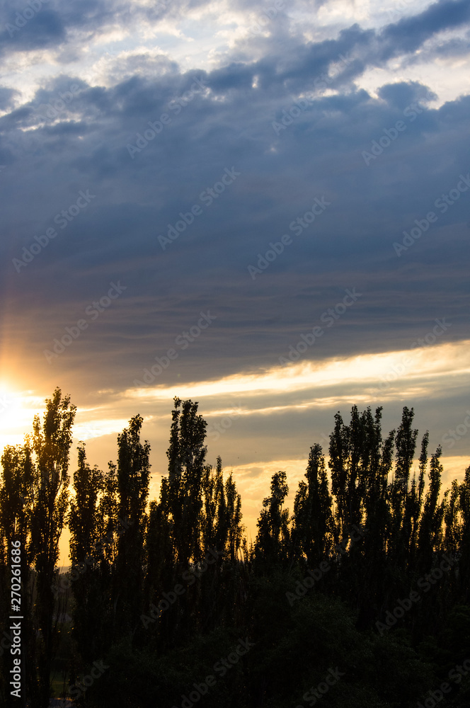 Landscape with dramatic light - beautiful golden sunset with saturated sky and clouds.