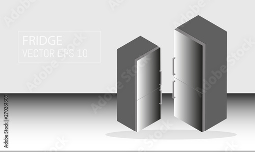 Cartoon picture with fridge, refrigerator, freezer, cooler, icebox. Isometric style vector illustration with background.