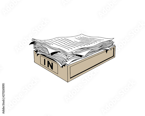 Pile of paper documents and file folders in carton boxes on office table. Flat cartoon style vector illustration.