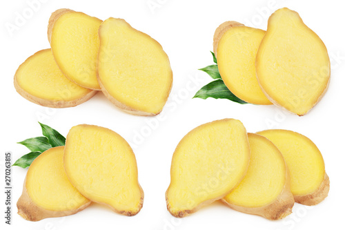 Fresh sliced ginger with leaves isolated on white background