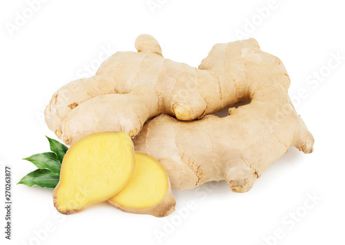 Ginger root with leaves isolated on white background