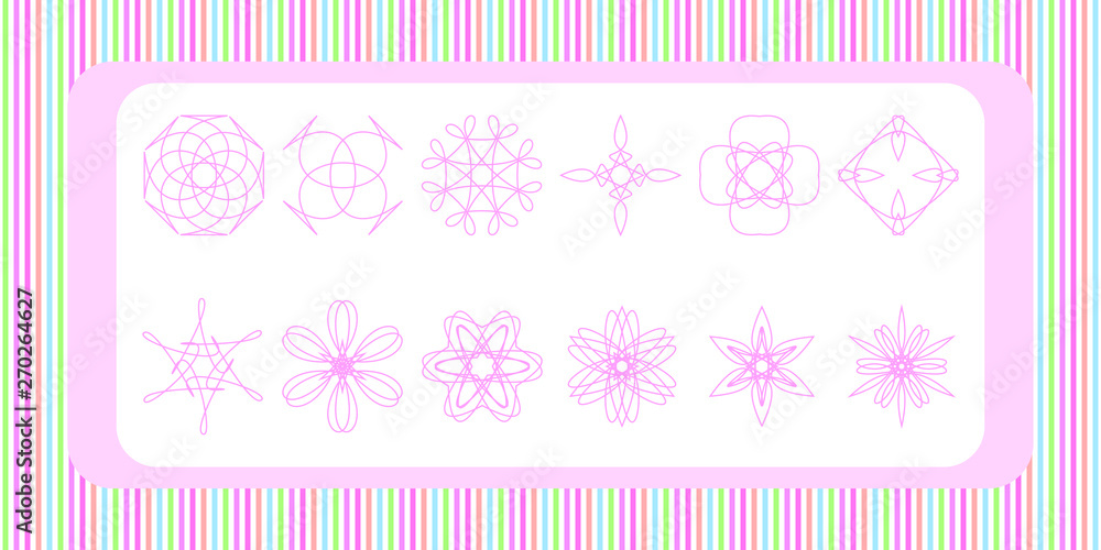 A set of pale pink decorative elements isolated on a white background. The substrate is made of colored pastel strips A set of pale pink decorative elements isolated on a white background. The substrate is made of colored pastel strips