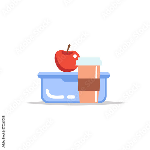 Lunchbox - meal container with coffee cup and an apple. School meal, children's lunch. Vector illustration in flat style