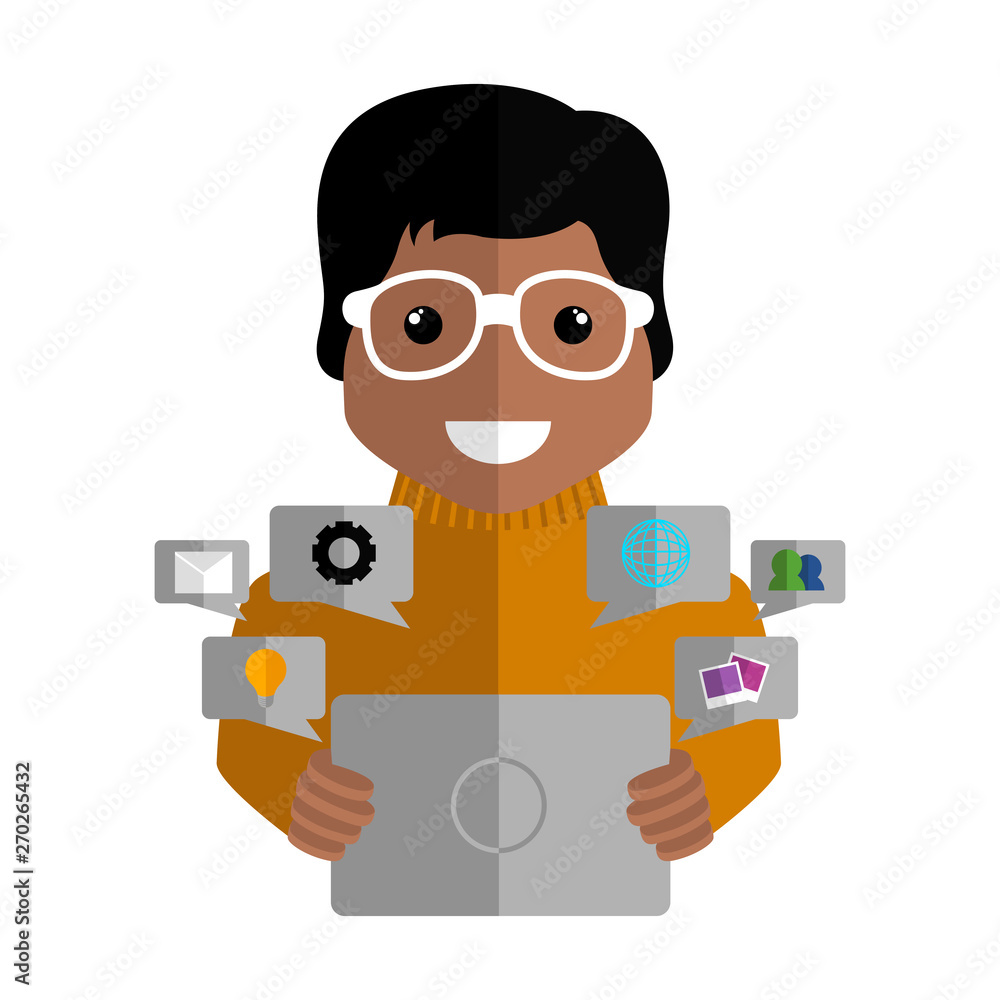 Community manager with a tablet and social media icons - Vector Community manager with a tablet and social media icons - Vector